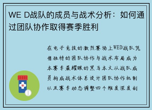WE D战队的成员与战术分析：如何通过团队协作取得赛季胜利