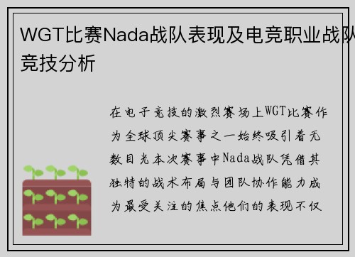 WGT比赛Nada战队表现及电竞职业战队竞技分析