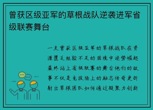 曾获区级亚军的草根战队逆袭进军省级联赛舞台